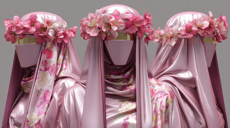 This striking image showcases three models donning elegant pink floral hijabs and shiny draped attire, celebrating beauty and tradition through fashion.の素材