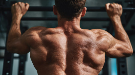A strong man performs a pull-up in a gym, showcasing defined muscles and illustrating commitment to fitness and strength training routines in a powerful display.の素材