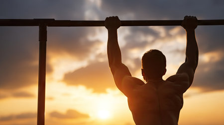A strong individual is silhouetted against a vibrant sunset while performing pull-ups on a bar. The warm colors of the sky create a dramatic backdrop, symbolizing strength and perseverance.の素材