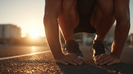 A determined athlete prepares to sprint on an urban track at sunset. The image captures the intensity and focus of the moment, showcasing the spirit of competition and physical readiness.の素材