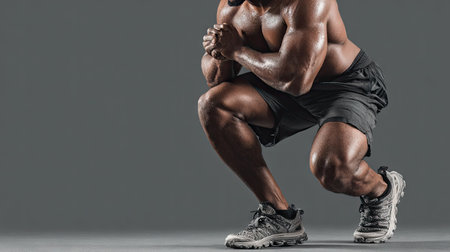 A strong athletic man is captured in a dynamic squat position, showcasing his impressive physical strength and focus on fitness and health.の素材