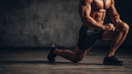 A toned athletic male performs a kneeling lunge exercise, emphasizing muscle definition and fitness. The textured wall background adds depth to the workout scene.の素材