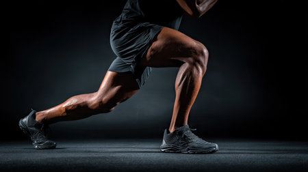 A powerful athlete showcases impressive leg muscles while performing a lunge in a dark studio setting, highlighting commitment and active lifestyle.の素材