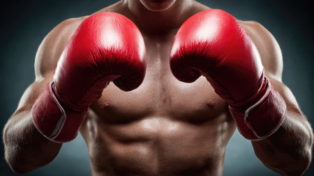 A muscular boxer stands poised for action with red gloves, showcasing an intense focus and determination in a well-lit environment to emphasize strength.の素材