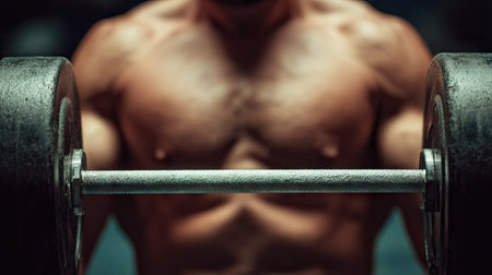A strong muscular man grips a dumbbell in a gym, highlighting his dedication to fitness and strength training. The image captures the essence of hard work and commitment to a healthy lifestyle.の素材