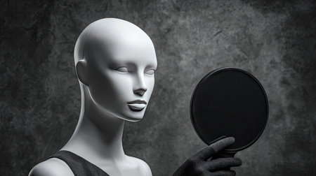 A sleek mannequin stands poised, holding a round mirror that embodies minimalistic beauty and fashion against a textured gray backdrop, evoking sophistication.の素材