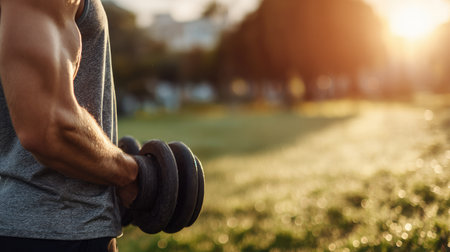 A dedicated fitness enthusiast lifts dumbbells in a vibrant green park at sunrise, emphasizing strength training and a healthy lifestyle. This scene captures motivation and energy.の素材