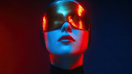 A striking futuristic portrait showcasing a woman in a reflective mask with dramatic lighting, embodying mystery and creativity in bold colors.の素材