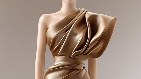 A stunning satin dress showcases exquisite draping and modern elegance, perfect for inspiring fashion enthusiasts and designers with its soft beige tones.の素材
