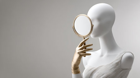 This artistic stock photo features a mannequin elegantly holding a vintage hand mirror, set against a soft gray background. The combination of textures and luxurious details exudes a sense of glamour and sophistication.の素材