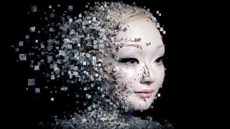 This striking image depicts a human-like face dissolving into pixels, symbolizing the merging of technology and humanity in a captivating surreal art form.の素材