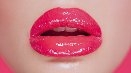 A stunning close-up image of glossy pink lips set against a vibrant background, highlighting beauty and cosmetic appeal for artistic and marketing purposes.の素材