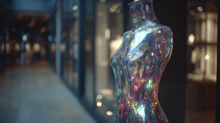 A stunning colorful mannequin in a modern retail setting captures attention with its sparkling design and soft lighting, enhancing the shopping experience.の素材