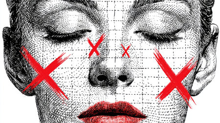 This striking artistic portrait features a female face overlaid with grids and bold red crosses, challenging societal beauty ideals and perceptions.の素材