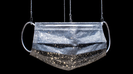 A dazzling mask adorned with glitter hangs against a dark backdrop, creating a stunning visual contrast. This image symbolizes safety and artistry.の素材