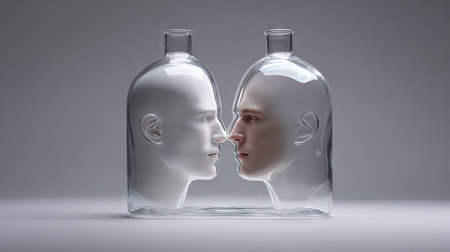 This artistic piece features two glass bottles showcasing human faces, symbolizing duality and reflection, evoking deep emotional and creative insights.の素材