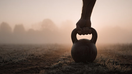 A strong figure lifts a kettlebell in a misty early morning landscape, embodying determination, fitness, and the beauty of nature at sunrise.の素材
