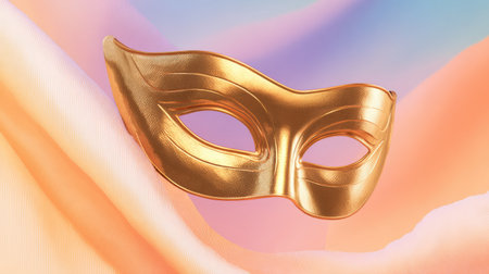 This stunning image showcases an elegant golden mask floating gracefully against a colorful silk background, perfect for festive and celebratory themes.の素材
