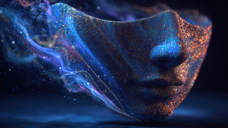 A mesmerizing digital artwork featuring an ethereal face sculpture composed of sparkling particles and colorful smoke. The design creates a dreamlike atmosphere, inviting viewers into a world of imagination and creativity.の素材
