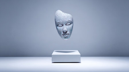 This captivating abstract sculpture depicts a stylized face, suspended in a minimalist gallery. The soft lighting highlights intricate details, evoking emotion.の素材