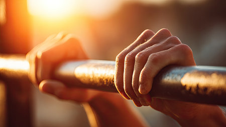 A close-up image capturing hands gripping a metal bar during sunset, showcasing natural light and a blurred background, symbolizing strength and determination.の素材