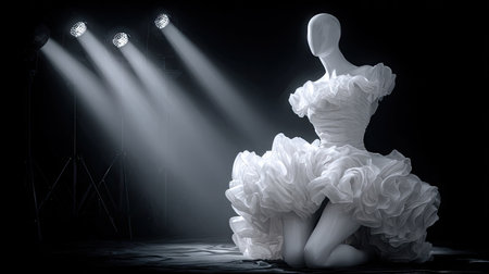 Captivating white dress form adorned with intricate ruffles, illuminated by dramatic spotlights, creating a striking visual effect in a minimalist setting.の素材