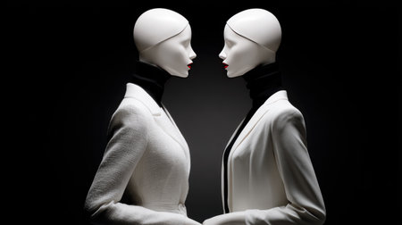 This striking image features two elegant mannequins mirroring each other, captured in dramatic lighting against a dark background. The modern aesthetic highlights fashion and beauty.の素材
