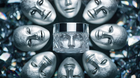 This striking image features silver masks arranged in a captivating circle around a luxurious jar of skin care cream, creating an artistic and glamorous vibe.の素材