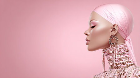 A striking profile shot of an elegant woman adorned in a pink headscarf and exquisite jewelry. The soft pink background enhances the chic and artistic look, making it perfect for fashion and beauty-themed projects.の素材