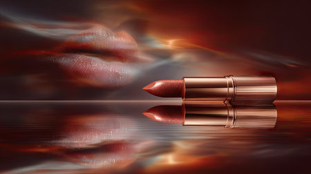 A captivating image showcasing an elegant lipstick on a reflective surface, complemented by soft artistic lips in warm hues, perfect for beauty branding.の素材