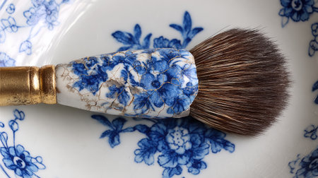 This captivating image features an antique makeup brush resting on a delicately designed porcelain plate. The intricate floral patterns and elegant bristles highlight the beauty of vintage accessories.の素材