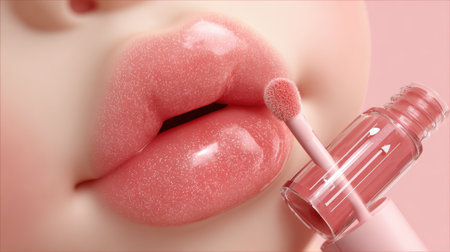 This exquisite close-up captures glossy pink lips adorned with sparkling lip gloss, showcasing a soft applicator in a dreamy pastel background. Perfect for beauty themes.の素材
