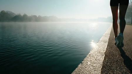 A person jogs along a serene waterway at dawn, surrounded by mist and soft light. The reflective surface of the water enhances the peaceful morning scene.の素材