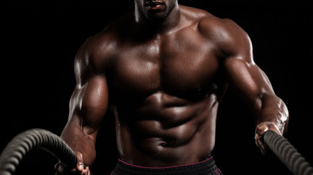 A powerful male athlete showcases his strength while performing an intense battle rope workout in a studio setting, emphasizing dedication and fitness.の素材