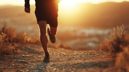 A vibrant image of a runner on a dirt trail during sunset, capturing the essence of outdoor fitness and the beauty of nature. The warm light enhances the scenery.の素材