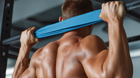 A fit man focuses on his strength training routine using a resistance band in a contemporary gym environment, showcasing muscular form and determination.の素材