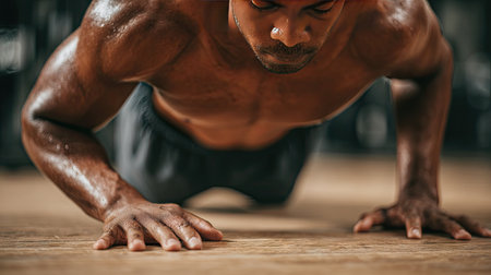 A muscular man intensely performing push-ups in a fitness studio, showcasing strength and determination, with sweat reflecting his commitment to fitness.の素材