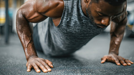 A dedicated male athlete is performing push-ups in a gym environment, showcasing strength, focus, and commitment to a fitness routine that enhances physical performance.の素材