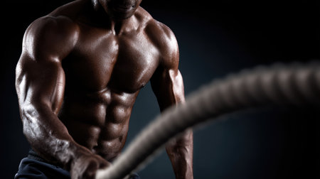 A muscular man intensely engages in a battle rope workout in a dimly lit gym, showcasing strength and determination. The powerful motion captures dedication.の素材