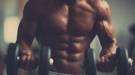 A dedicated athlete demonstrates strength and focus while lifting dumbbells in a gym. The image highlights the commitment to fitness and health.の素材