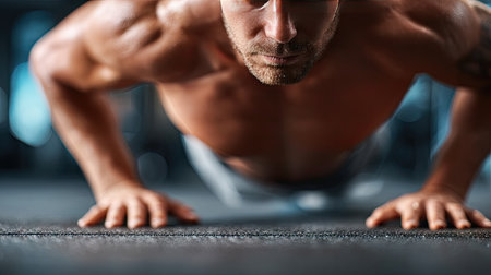 A focused muscular man performs push-ups, showcasing strength and determination. The gym environment highlights an intense workout, perfect for fitness imagery.の素材