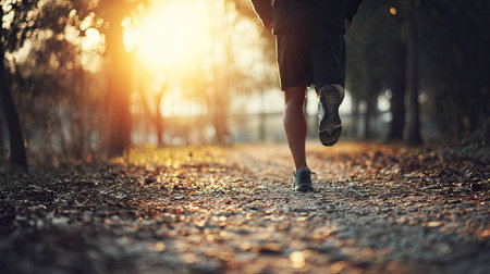 A solitary runner enjoys a tranquil morning jog along a sunlit pathway, surrounded by towering trees and soft, earthy ground beneath.の素材