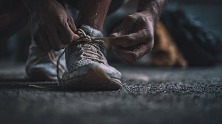 A close-up image showing hands intently tying shoelaces on a sport shoe, highlighting preparation for an indoor workout or exercise routine, showcasing focus.の素材