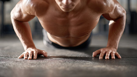 A fit man performs push-ups in a well-equipped gym, showcasing strength and dedication to physical fitness, emphasizing effort and determination.の素材