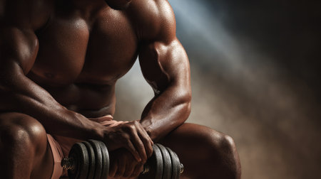 A strong male athlete posing with a dumbbell in a gym setting. The dramatic lighting highlights his well-defined muscles and determination. Perfect for fitness and bodybuilding themes.の素材