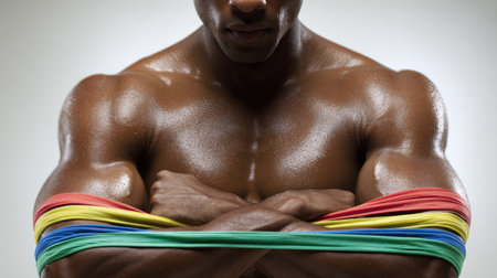 A striking portrait of an athletic man showcasing muscular arms crossed with colorful resistance bands, symbolizing strength and fitness. Ideal for health-themed content.の素材