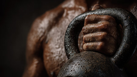 This striking close-up captures the intensity of a strong hand gripping a heavyweight kettlebell, showcasing determination and dedication.の素材