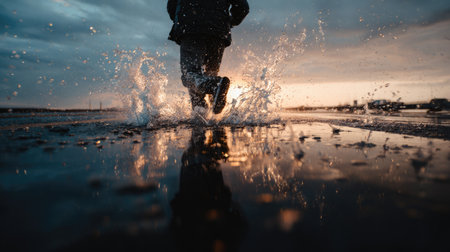 A person joyfully runs through puddles during sunset, creating splashes and reflections on the wet ground, capturing the essence of freedom and playfulness.の素材