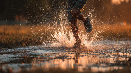 A joyful child splashes through a water puddle at sunset, embodying the freedom and excitement of outdoor play. The warm glow highlights the carefree spirit of childhood.の素材