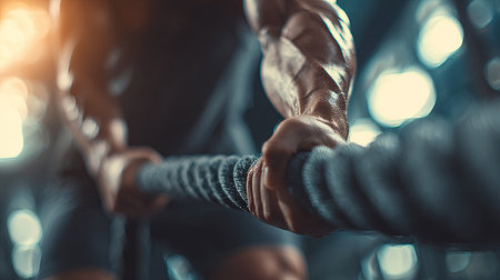 Captivating close-up of strong hands gripping a battle rope in a gym, showcasing the intensity and effort of a dedicated fitness enthusiast pushing limits.の素材